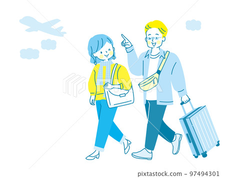 一個男人和一個女人帶著手提箱旅行的插圖 97494301