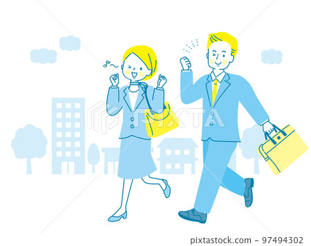 Illustration of a man and a woman walking with a cityscape and a guts pose 97494302