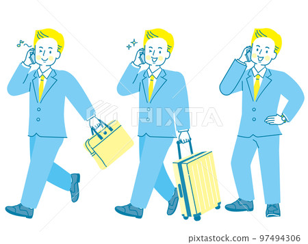 Illustration set of a man in a suit on a business trip with a smartphone 97494306