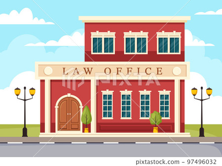 Law Firm Building with Legal Advice, Judgement Education and Lawyer Consultant in Flat Cartoon Poster Hand Drawn Templates Illustration 97496032