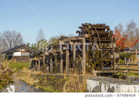 Japanese water wheel. 5 in a row. Tonami Tulip Park. Yunami City, Toyama Prefecture Japanese water wheel. 5 in a row. Tonami Tulip Park. Yunami City, Toyama Prefecture 97496404