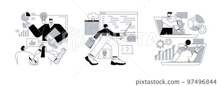 Employee skills training abstract concept vector illustration set. Managers and coding workshops, online tech talks, write code, software development, presentation, web session abstract metaphor. 97496844