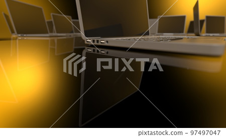 A collection of laptop computers yellow background A collection of laptop computers yellow background 97497047