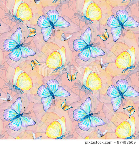 Meadow blue, yellow butterflies watercolor seamless pattern on pink. Meadow blue, yellow butterflies watercolor seamless pattern on pink. 97498609