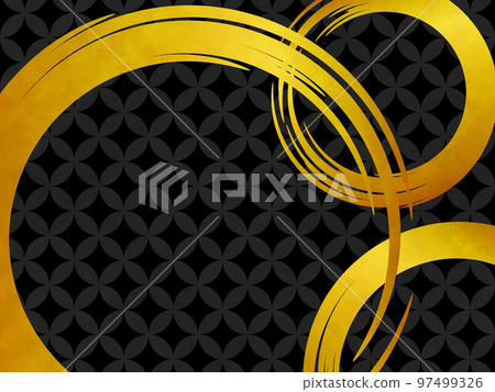 Background of brush-drawn circles and cloisonné patterns, horizontal position, black & gold, watercolor style 97499326