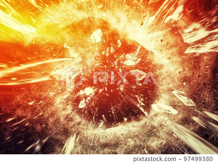 與爆炸和飛行碎片的抽象背景 與爆炸和飛行碎片的抽象背景 97499380