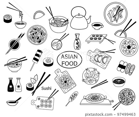 Doodle set of Asian food. Chinese dumplings, sushi with chopsticks and miso soup. Outline and glyph soy sauce in bottle isolated on white Doodle set of Asian food. Chinese dumplings, sushi with chopsticks and miso soup. Outline and glyph soy sauce in bottle isolated on white 97499463