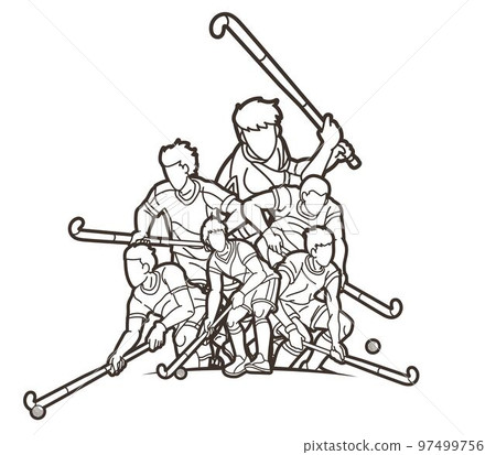 Group of Field Hockey Sport Male Players Mix Action Cartoon Graphic Vector 97499756