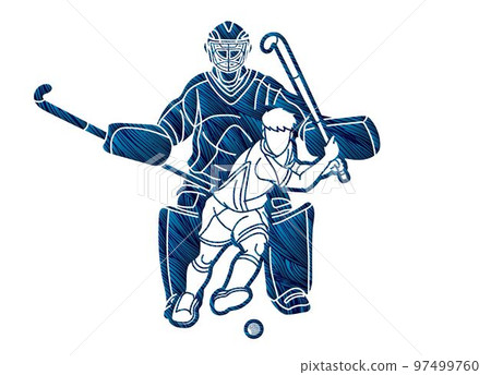 Group of Field Hockey Sport Male Players Mix Action Cartoon Graphic Vector 97499760