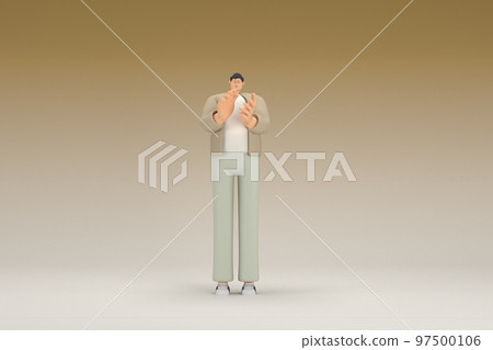 A man with glasses wearing brown cloth. He is expression of hand when talking. 3d rendering of cartoon character in acting. A man with glasses wearing brown cloth. He is expression of hand when talking. 3d rendering of cartoon character in acting. 97500106