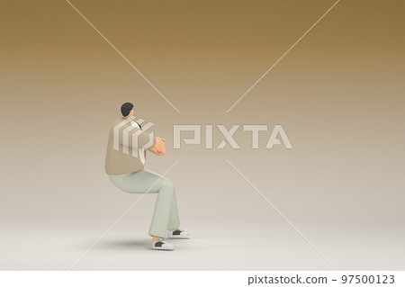 A man with glasses wearing brown cloth. He is pulling or pushing something. 3d rendering of cartoon character in acting. A man with glasses wearing brown cloth. He is pulling or pushing something. 3d rendering of cartoon character in acting. 97500123