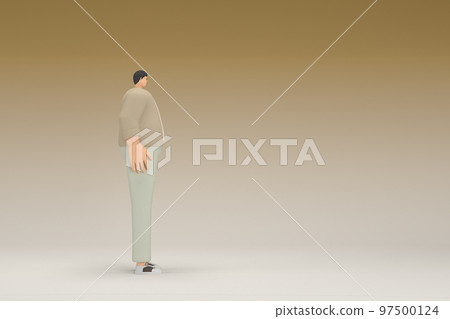A man with glasses wearing brown cloth. He is expression of hand when talking. 3d rendering of cartoon character in acting. A man with glasses wearing brown cloth. He is expression of hand when talking. 3d rendering of cartoon character in acting. 97500124