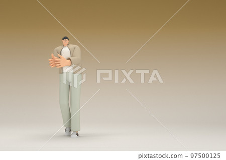 A man with glasses wearing brown cloth. He is expression of hand when talking. 3d rendering of cartoon character in acting. 97500125