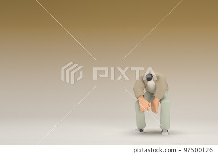 A man with glasses wearing brown cloth. He is sad or in pain. 3d rendering of cartoon character in acting. A man with glasses wearing brown cloth. He is sad or in pain. 3d rendering of cartoon character in acting. 97500126