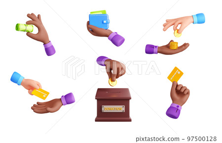 Set of hands with cash money, wallet and bank card Set of hands with cash money, wallet and bank card 97500128