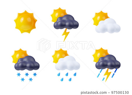 3D render day weather icons set, sun, cloud, flash 3D render day weather icons set, sun, cloud, flash 97500130