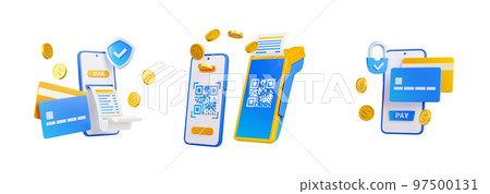 3d render pos terminal, paper check bill and cards 3d render pos terminal, paper check bill and cards 97500131
