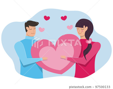 Concept of love young man and woman hold heart. Valenine day. Love and relationship  Flat vector illustration 97500133