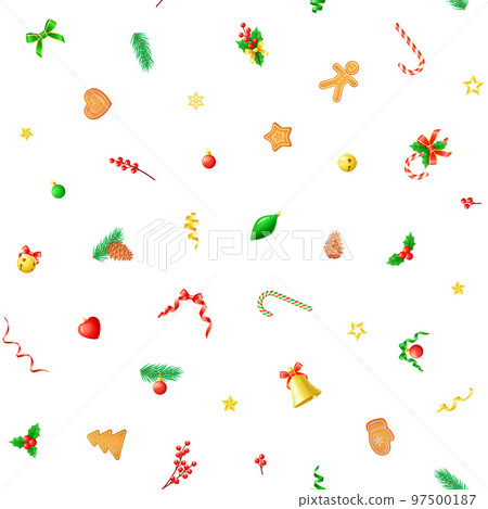 Seamless vector pattern with Christmas ornaments and decorations on white background. Seamless vector pattern with Christmas ornaments and decorations on white background. 97500187