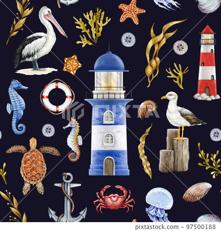 Seaside natural elements seamless pattern. Watercolor illustration. Hand drawn lighthouse, anchor, pelican, gull, seaweed, crab, lifebuoy element seamless pattern. Vintage marine style 97500188
