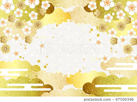 Hemp leaf pattern background horizontal with gold plum arch and upper and lower golden clouds 97500396