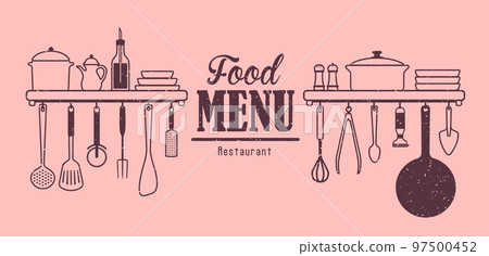Heading / title of restaurant menu table (hanging utensil silhouette) / rough sketch Heading / title of restaurant menu table (hanging utensil silhouette) / rough sketch 97500452