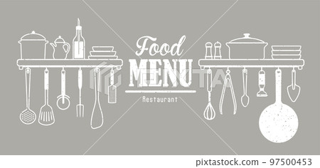Heading / title of restaurant menu table (hanging utensil silhouette) / rough sketch Heading / title of restaurant menu table (hanging utensil silhouette) / rough sketch 97500453