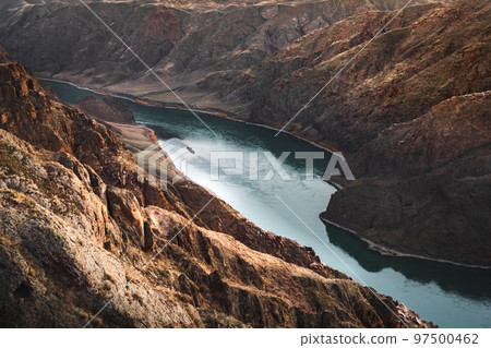 Ili river view in rocky gorge, Almaty region, Qazaqstan nature picturesque landscape 97500462