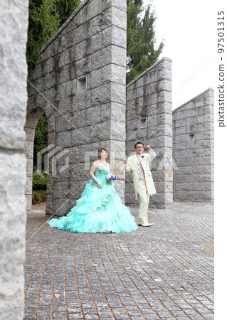 Bride and groom in wedding dress and tuxedo, wedding photo in middle age marriage Bride and groom in wedding dress and tuxedo, wedding photo in middle age marriage 97501315