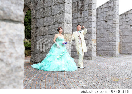 Bride and groom in wedding dress and tuxedo, wedding photo in middle age marriage Bride and groom in wedding dress and tuxedo, wedding photo in middle age marriage 97501316