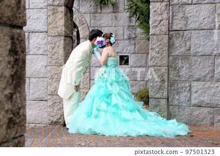Bride and groom in wedding dress and tuxedo, wedding photo in middle age marriage Bride and groom in wedding dress and tuxedo, wedding photo in middle age marriage 97501323