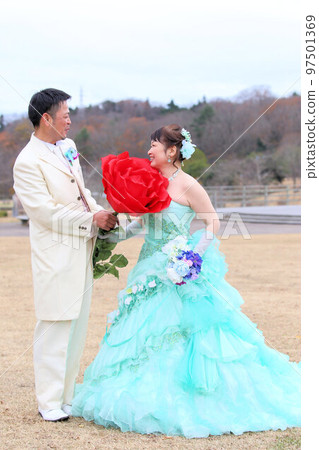 Bride and groom in wedding dress and tuxedo, wedding photo in middle age marriage 97501369