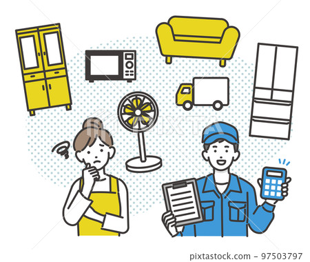 Vector illustration material of housewives and purchasers who are worried about oversized garbage/furniture/home appliances/disposal 97503797