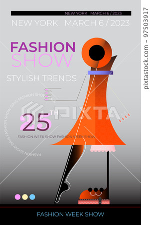 Fashion show or fashion week vector design template. Abstract image of a fashionable woman walking on the catwalk. Fashion show or fashion week vector design template. Abstract image of a fashionable woman walking on the catwalk. 97503917