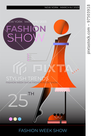 Fashion show or fashion week vector design template. Abstract image of a fashionable woman walking on the catwalk.	 97503918