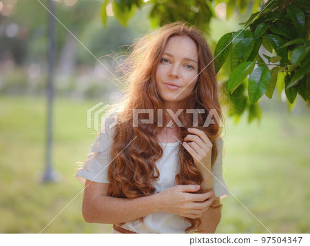 Beauty Woman Face With Healthy Skin And Green Plant Beauty Woman Face With Healthy Skin And Green Plant 97504347
