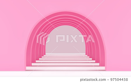Pink empty corridor of several round arches in perspective with shadows Pink empty corridor of several round arches in perspective with shadows 97504438