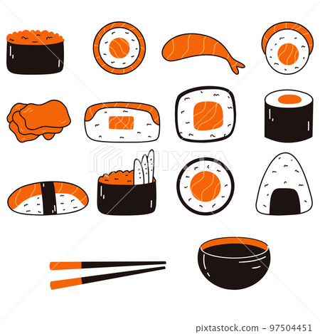 Sushi set with soy sauce, ginger, wasabi, chopsticks in doodle style. Hand drawn illustration of Japanese traditional cuisine 97504451