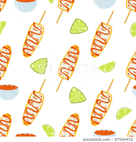 Seamless pattern with elote dish. Traditional Mexican food, folk cuisine. Vector background with grilled corn Seamless pattern with elote dish. Traditional Mexican food, folk cuisine. Vector background with grilled corn 97504458