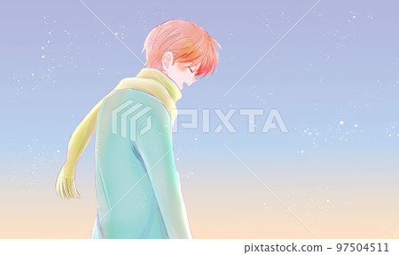 Happy man in winter, dusk, landscape 97504511