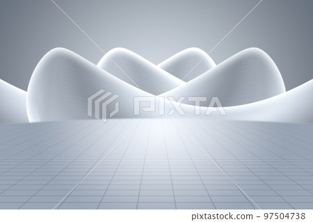 3D渲染銀白色弧形抽象建築與地面背景 3D渲染銀白色弧形抽象建築與地面背景 97504738