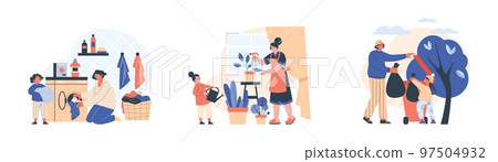 Family household joint chores and house clean up set, flat vector isolated. 97504932