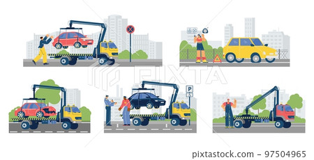 Set of scenes about tow trucking flat style, vector illustration 97504965
