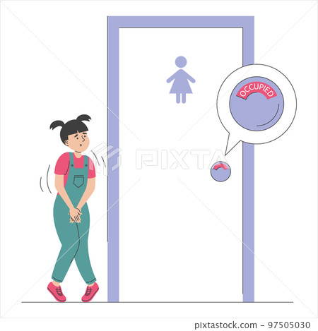 Little girl standing at closed toilet door Little girl standing at closed toilet door 97505030