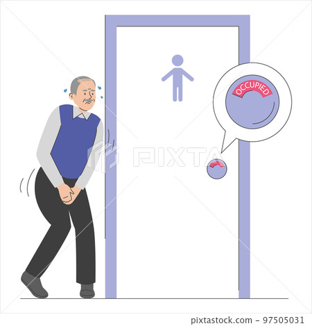 Man standing at the closed toilet door 97505031