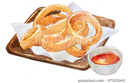 Onion rings, fried onion rings, watercolor illustration 97505043