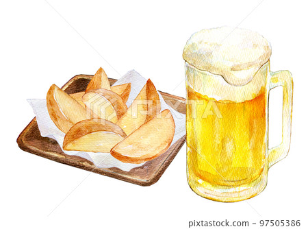 Draft beer and potato fries Watercolor illustration French fries 97505386