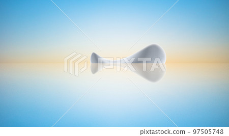 Modern abstract curved art building and reflection on lake with clean bright sky background, 3D rendering. 97505748