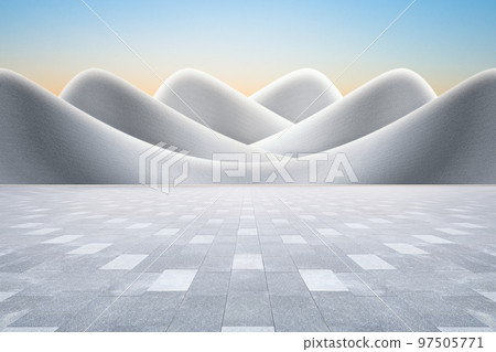 現代抽象弧形藝術建築與無人磚地廣場,有著幹淨明亮的天空背景,3D渲染。 97505771