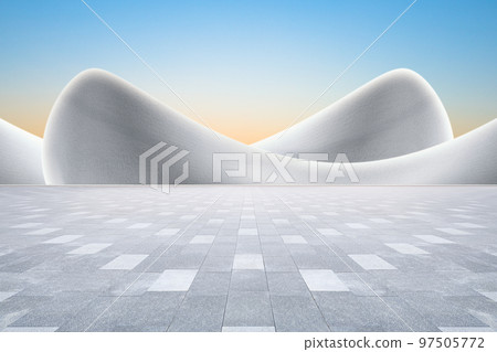 現代抽象弧形藝術建築與無人磚地廣場,有著幹淨明亮的天空背景,3D渲染。 97505772